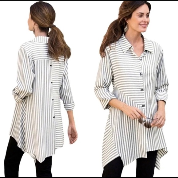 Soft Surroundings Large Standout Striped Asymmetrical Button Down Shirt Tunic - Picture 3 of 12